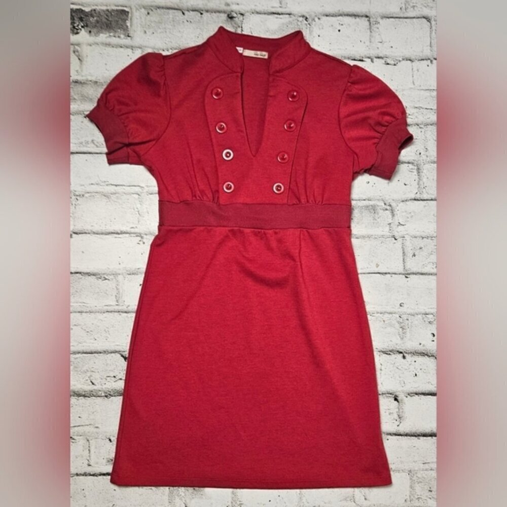 BeBop Red Mini Dress V Neck Button Front Puff Sleeve Retro Size L